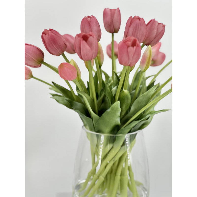 Tulipes artificielles Real Touch dans un vase en verre , Rose foncé