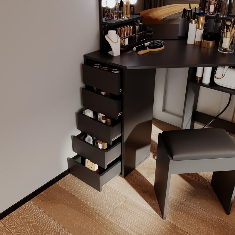 Corner Vanity Desk with LED Lighted Mirror, 5 Drawers, Shelves & Vanity Stool, Charging Board, Wood MDF Makeup Table for Bedroom Bathroom