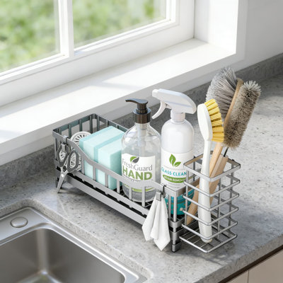 Stainless Steel Kitchen Sink Organizer With 360-Degree Drainage, Adjustable Dividers, And Long-Handled Brush Holder For Countertop Storage