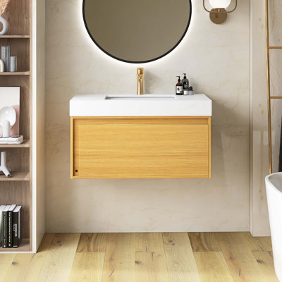 Meuble-lavabo flottant ultra-mince en contreplaqué flottant pré-assemblé avec plateau en pierre frittée blanc de Carrare, lavabo encastré en céramique et capteur de lumière, grain de bois clair