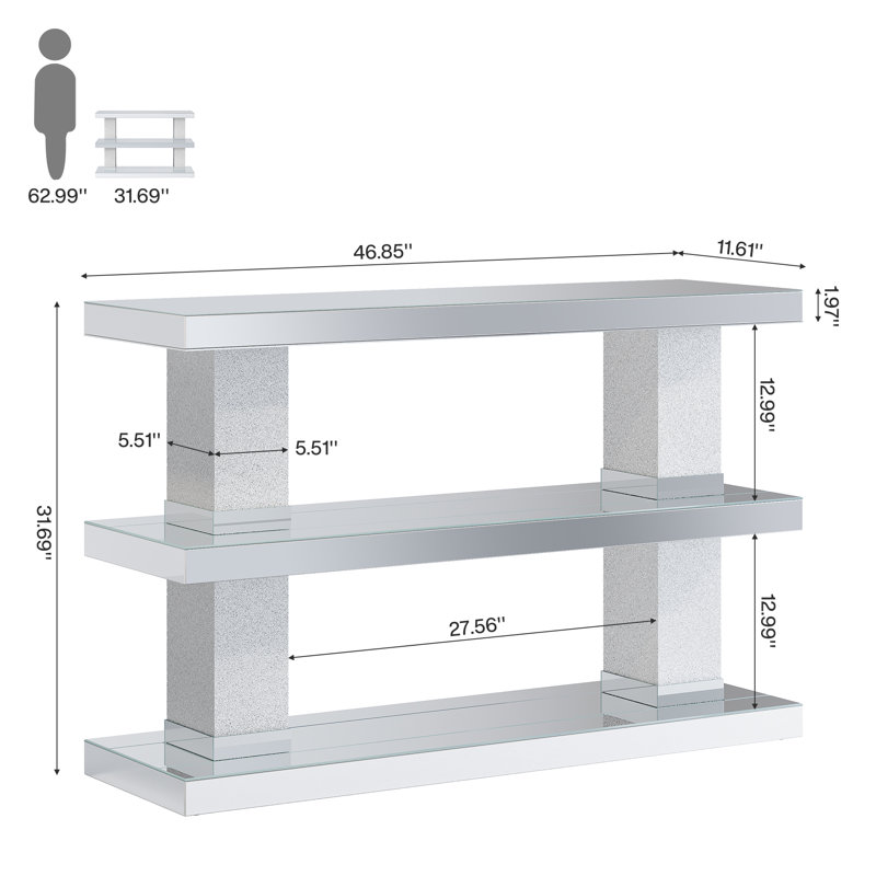 46" Mirrored Console Table 3-Tier Storage Shelf, Silver