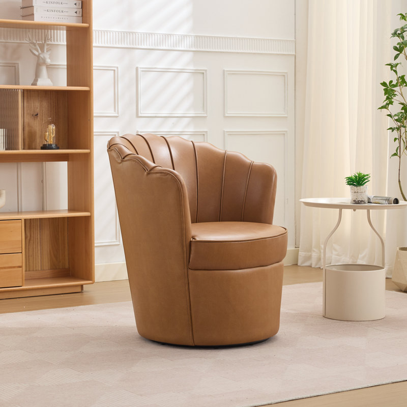 Genuine Leather Accent Swivel Barrel Chair – 360° Spin Metal Base, Light Brown