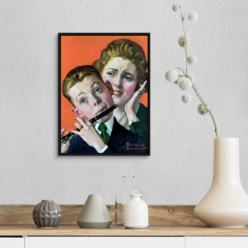 Garçon, musicien, art mural sur toile, Cadre flottant noir, H 18 po x l 14 po x P 1,75 po