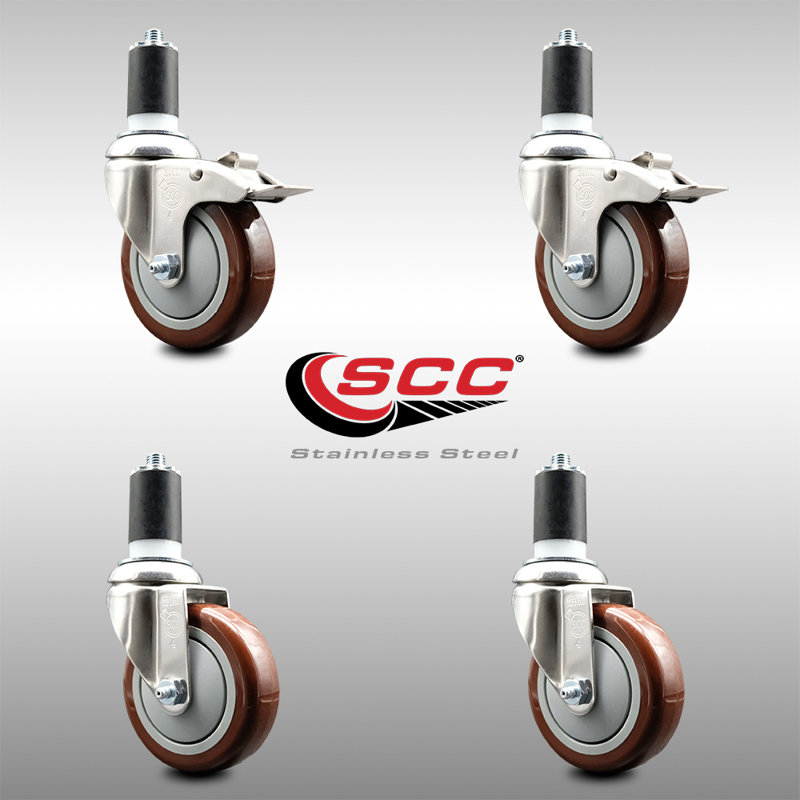 Ensemble de roulettes à tige pivotantes en polyuréthane marron de 1 pouce et 5/8 pouces à 4 verrous 316SS