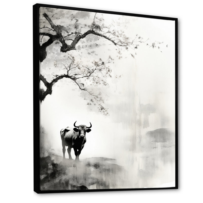 Jaceyon, art asiatique, vache Sumi XV, H 44 po x l 34 po x P 1,5 po, Cadre flottant noir