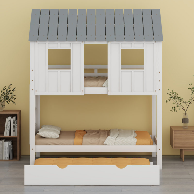 House Bunk Bed With Trundle,Roof And Windows