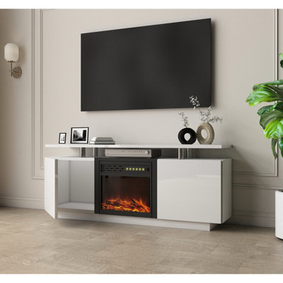Meuble télé avec foyer 160 cm ultrabrillant - 9 réglages de flammes et de bûches, 750 / 1500watts, 5 niveaux de température, 1 minuterie de 8 heures, protection contre la surchauffe, taille maximale de l'écran blanc 50 Console de 59 pouces avec garde de température