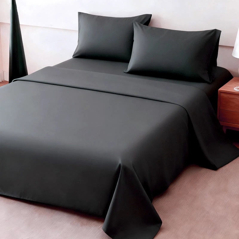 Ensemble de draps 4 pièces - Ultra doux et respirant - Mélange de coton de couleur unie lavable à la machine, Noir