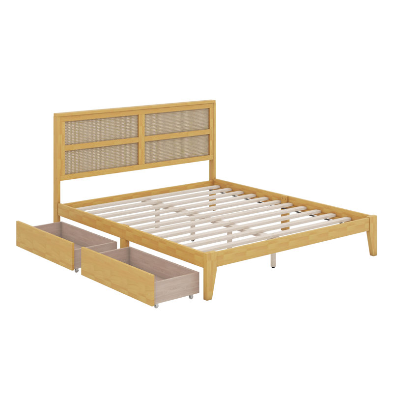Structure de lit en caoutchouc et bois avec deux tiroirs de rangement, Très grand, Chêne blanc