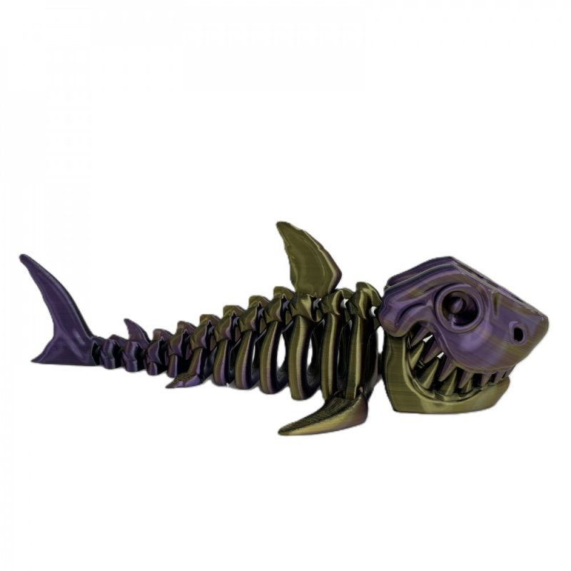 3D Printed Headed Shark Skeleton Figurine, 3.25" H x 10" W x 2" D, Gold/Purple/Black