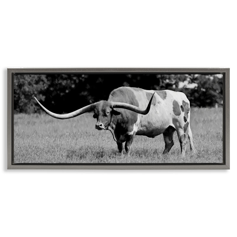 Art mural sur toile flottant, "Longhorn in Grassland", par Lori Deiter, H 14 po x l 31 po, Cadre flottant noir de jais