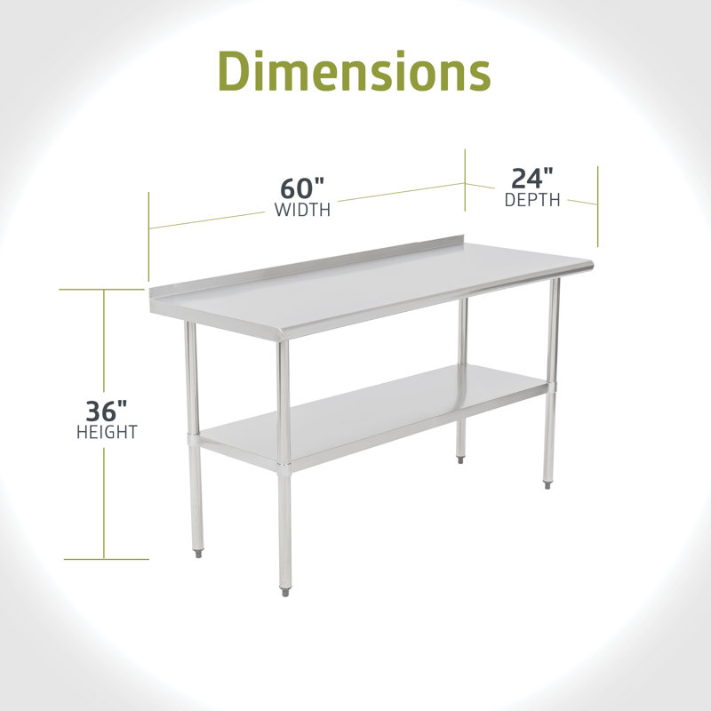 Stainless Steel Kitchen Prep/Work Table, with Adjustable Under Shelf and Backsplash, 60X24, 36" H x 60" W x 24" D