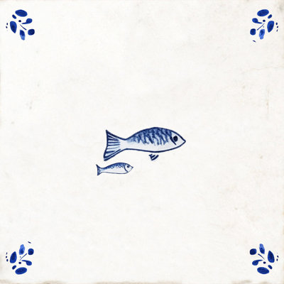 Carreaux de mosaïque adhésifs en vinyle, motif méditerranéen vintage de deux poissons, dessinés à la main en bleu, 30 x 30 cm.
