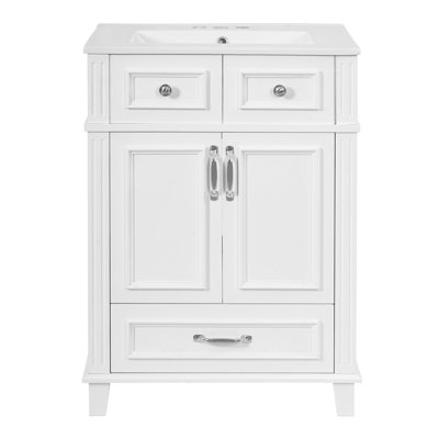 Meuble-lavabo de 24 po avec lavabo en céramique, armoire de rangement en bois massif avec portes à fermeture douce, style rétro, blanc
