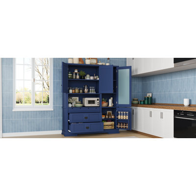 Buffet autoportant de 63,3 po x 17,8 po x 78,3 po TopMAX avec grande armoire de rangement pour garde-manger avec tiroirs, tablette de porte et tablettes réglables, bleu