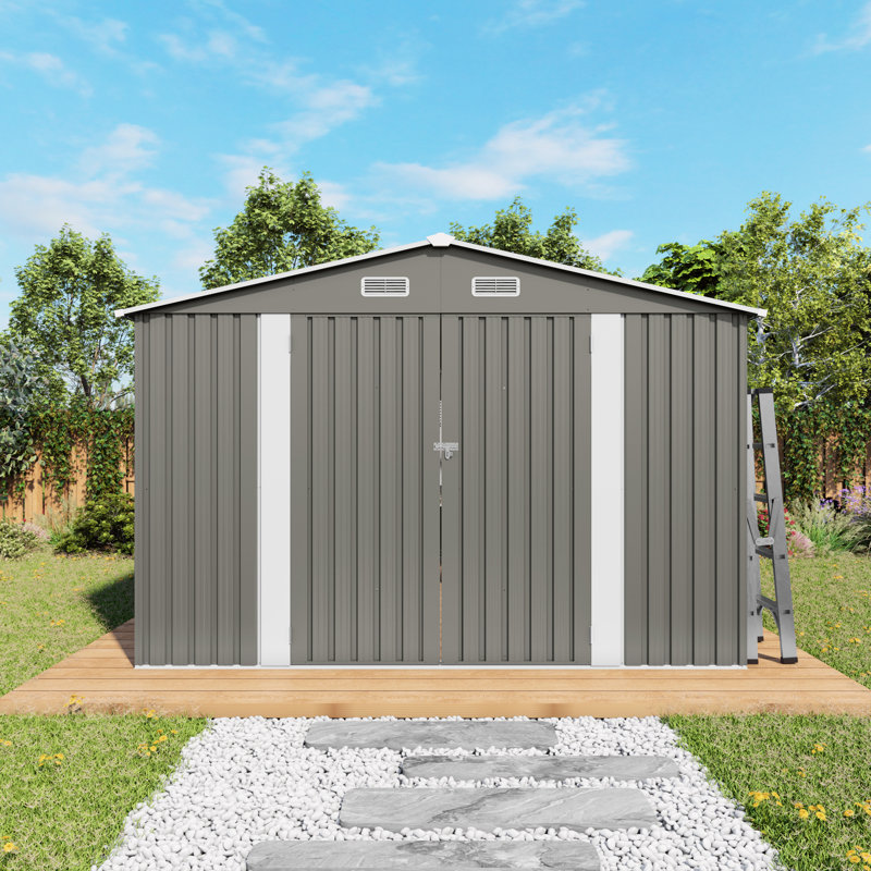 Remise de rangement extérieure 10 x 12 pi avec double porte et fenêtres d'aération, grise, polyvalente pour l'organisation d'ateliers de jardin