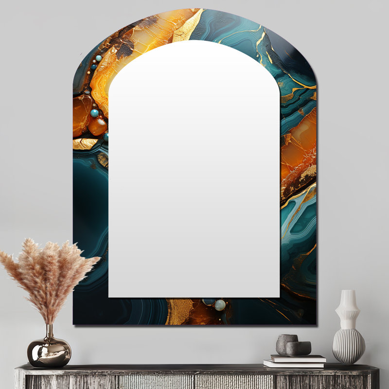 Gold and green topaz Agate Granite V - Abstract Arch Wall Mirror, Gold Asymmetrical Decorative Mirror, Printed Metal Art