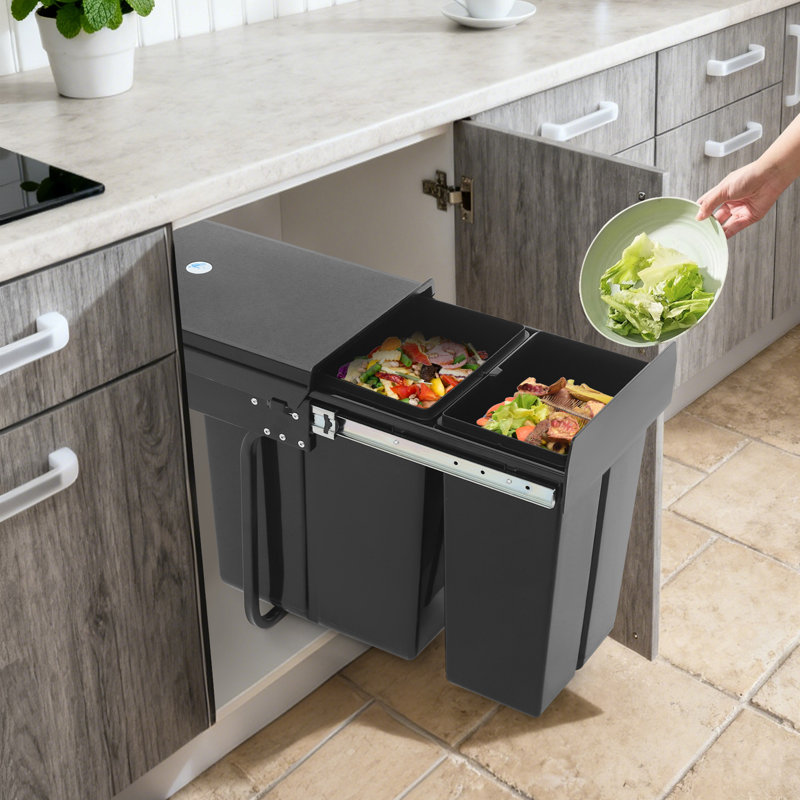 Poubelle coulissante double 10L + 20L pour armoire, poubelle d'armoire de cuisine avec rail ordinaire, Noir