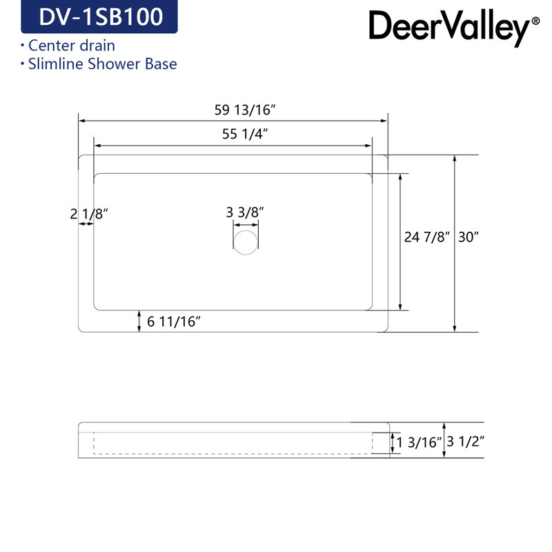 Base de douche blanche 60 po x 30 po DeerValley, H 3,5 po x l 60 po x P 30 po
