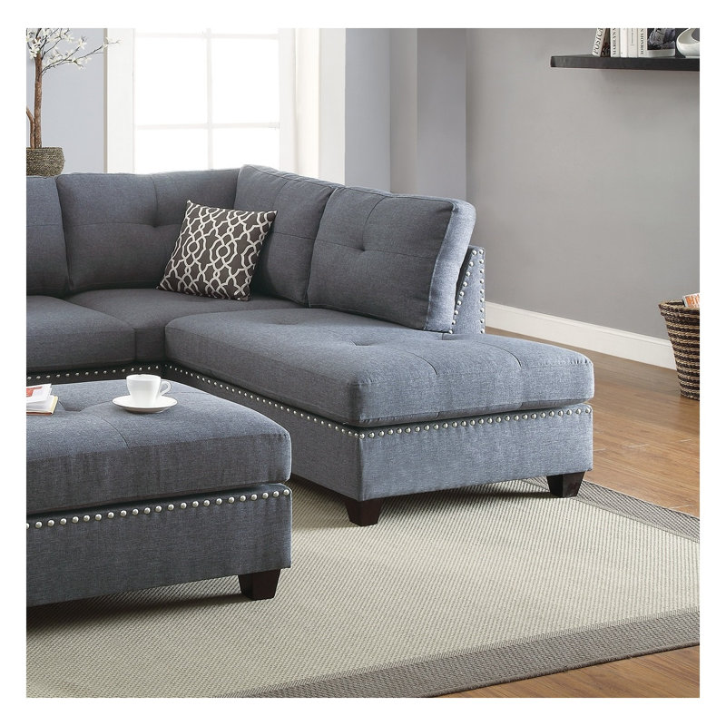 Ensemble de canapé modulaire en L 3 pièces avec méridienne réversible et repose-pieds, tissu gris-bleu clair