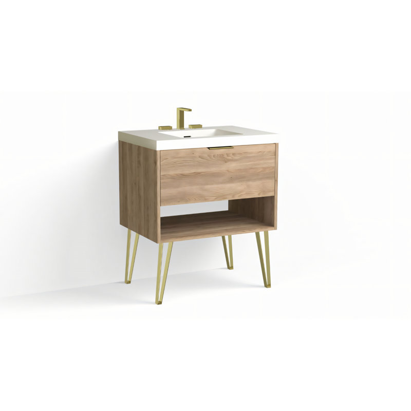 Modo 30" W Freestanding Single Bathroom Vanity with Dawson Leg, Nimbus, Satin Brass, Matte White/8" Widespread