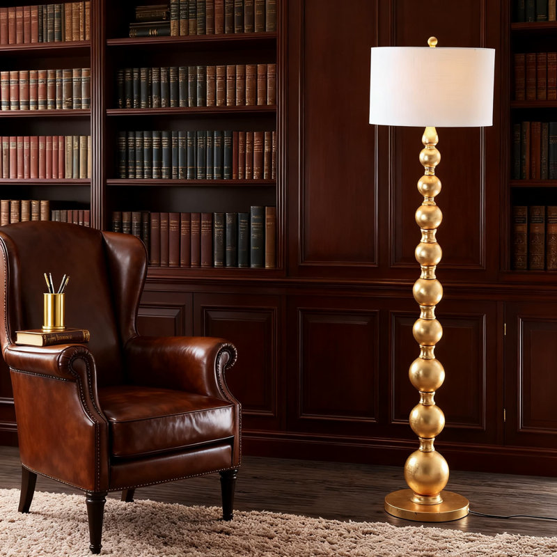 62.5 Inch Metal Led Floor Lamp With Gold Sphere Base And Drum Shade, Modern Transitional Design For Living Room Office Bedroom