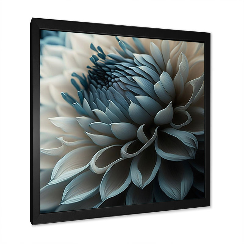 Bleu et blanc fleurs de dahlia II - art mural dahlia, H 24 po x l 24 po, Cadre photo noir