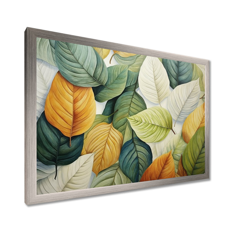 Feuilles vertes et jaunes Tranquility II - feuilles, art mural, H 16 po x l 32 po x P 1 po, Cadre simple argenté