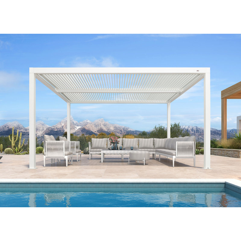 White Outdoor Louvered Pergola Aluminum Pergola With Adjustable Roof, 14 ft. W x 12 ft. D