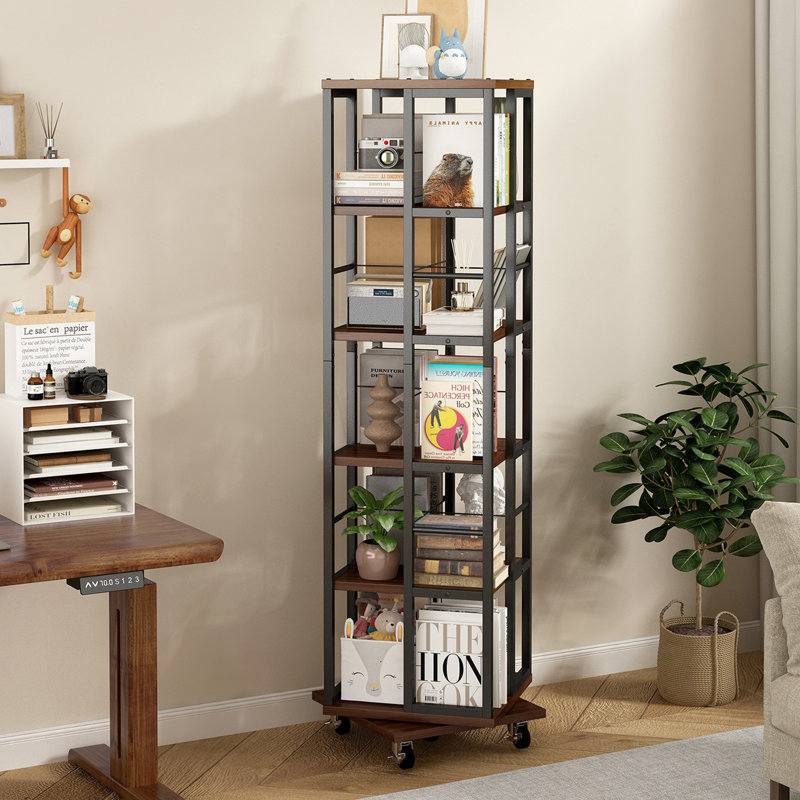 5 Tiers Rotating Bookshelf With Metal Frame And Wheels