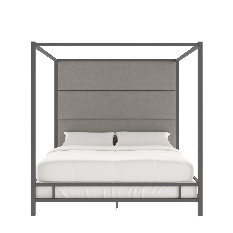 Moyers Upholstered Metal Canopy Bed, Black Nickel/Pewter Grey Linen, King