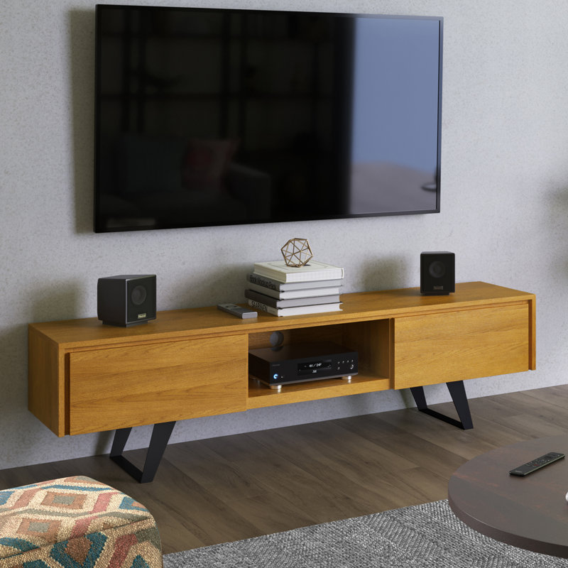 Lowry 72"W Solid Wood Industrial TV Stand for TVs up to 80" with 2 Cabinets and Open Shelf, Oak