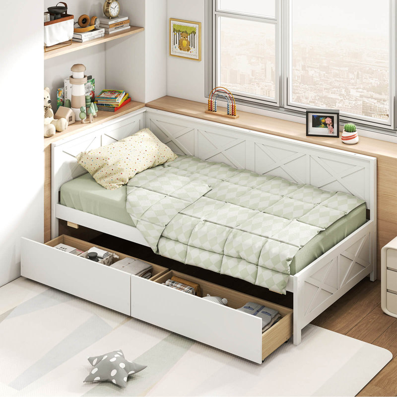 Lit de jour simple avec 2 tiroirs de rangement et support pour garde-corps, Blanc