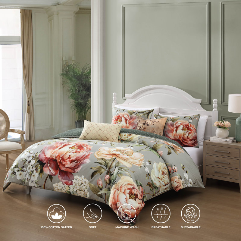 Blush and Sage Floral Queen Cotton Reversible Comforter Set