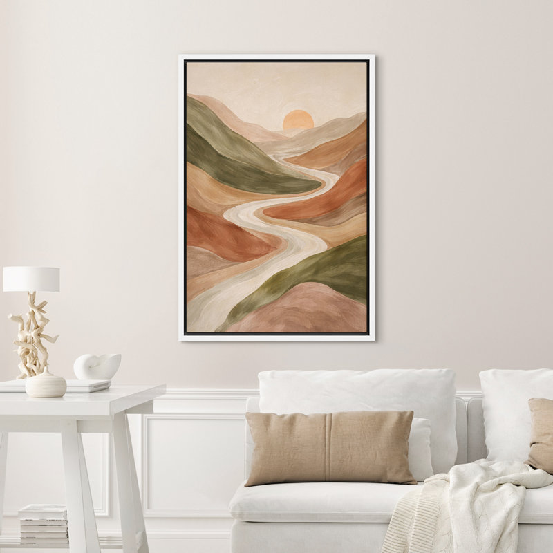 «Modern Abstract Desert Hills and Winding River Landscape», art mural encadré sur toile, H 24 po x l 16 po, Blanc