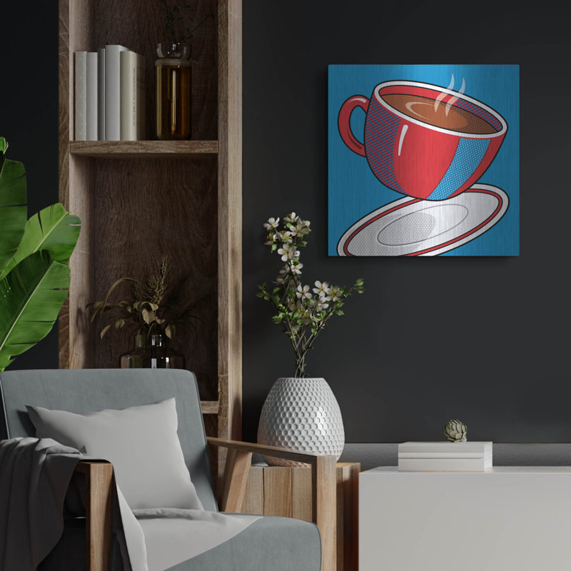 Art mural en métal luxueux «Red Coffee Cup On Blue» par Ron Magnes, 24 po x 24 po, H 24 po x l 24 po
