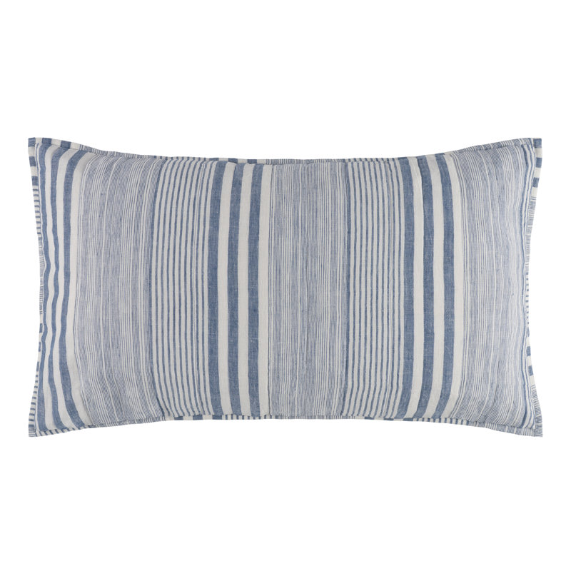 100% Linen Quilted Striped Sham, King Sham, Blue