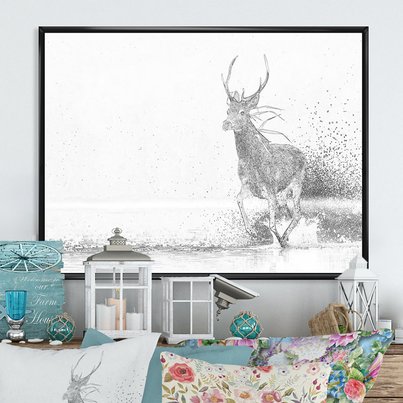Cerf noir et blanc croquis - reproduction de cadre flottant sur toile, H 12 po x l 20 po x P 1 po, Cadre flottant noir