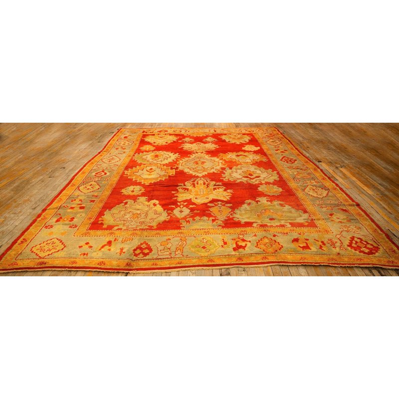 1890s Red Ground Geometric Knotted Wool Antique Oushak Turkish Decorative Rug Round 13'0"