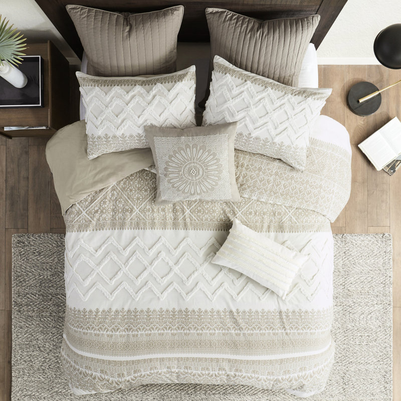 Ensemble de housse de couette très grand / très grand 3 pièces - coton, capitonnage en chenille, imprimé mis à jour, dos taupe, fermeture à boutons, revers uni