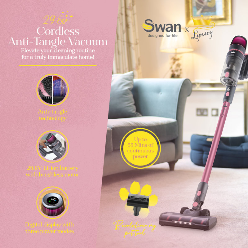 Swan x Lynsey SC15825QOC Cordless Stick Vacuum with 3 Speed Controls, Rechargeable Battery, Anti-Tangle Floorhead, Includes 2-in-1 Crevice Tool, Long Nozzle, Motorised Pet Tool, 29.6V, Pink