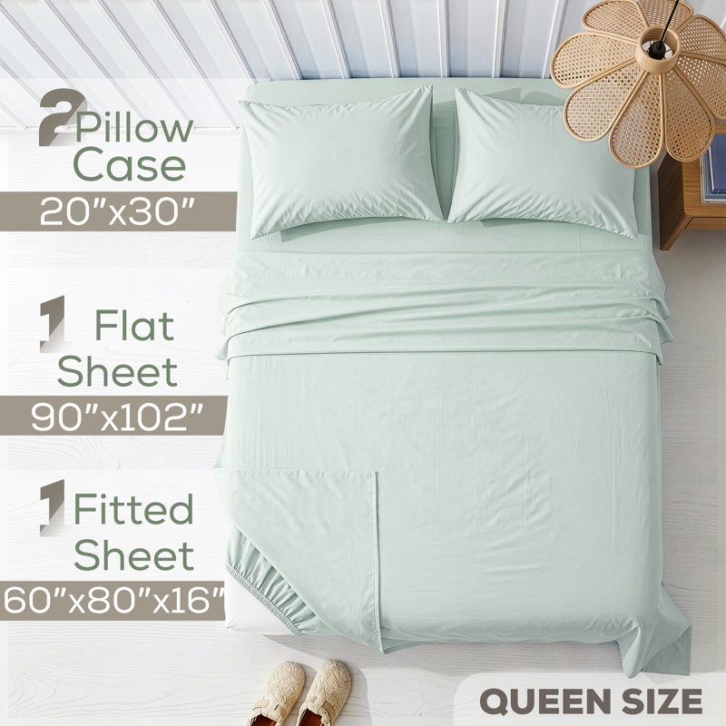 100% Washed Cotton Percale Sheet Set - Includes 1 Flat Sheet, 1 Fitted Sheet and 2 Pillowcases, Sage Green
