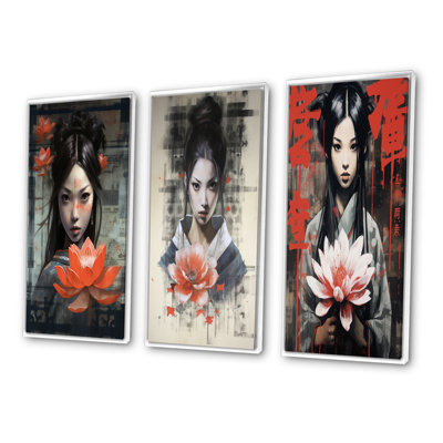 «Vintage Oriental Woman With Lotus Flower», 3 pièces sur toile