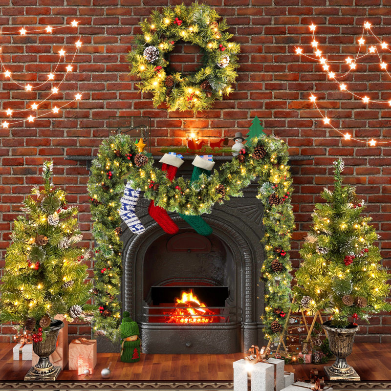 Ensemble d'arbre de Noël artificiel pré-éclairé 4 pièces, guirlande, couronne et ensemble de 2 arbres d'entrée 3 pi avec lumières DEL, arbre de Noël