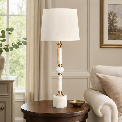 34.75" Marble Table Lamp With Oat Shade