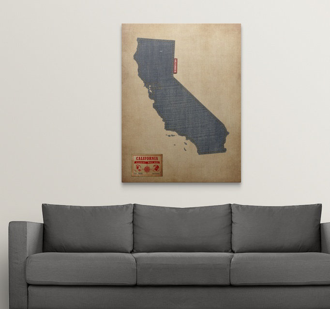 «California Map Denim Jean Style» par Bellen, impression, H 48 po x l 36 po x P 1,5 po, Toile