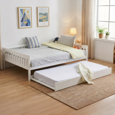 White Full Size Wood Bed With Trundle, Light Strip, Charging Station And Guardrail