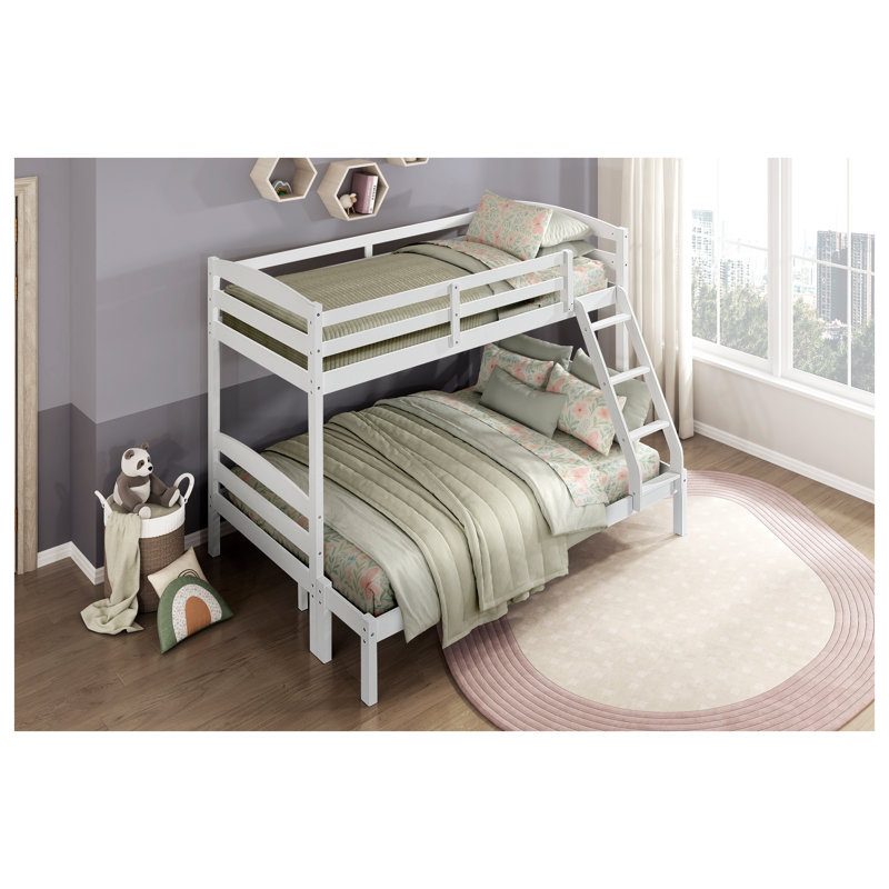 Lit superposé simple sur lit double avec garde-corps, structure en bois robuste au fini blanc pour chambre d'enfant