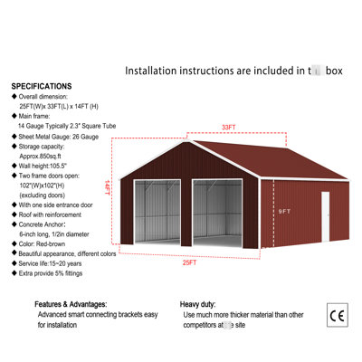 25Ft Wide And 33Ft Long Metal Garage, For Vehicles, 14 - Gauge Galvanized Steel, 825 Sq.Ft. Interior Vehicles Equipment,