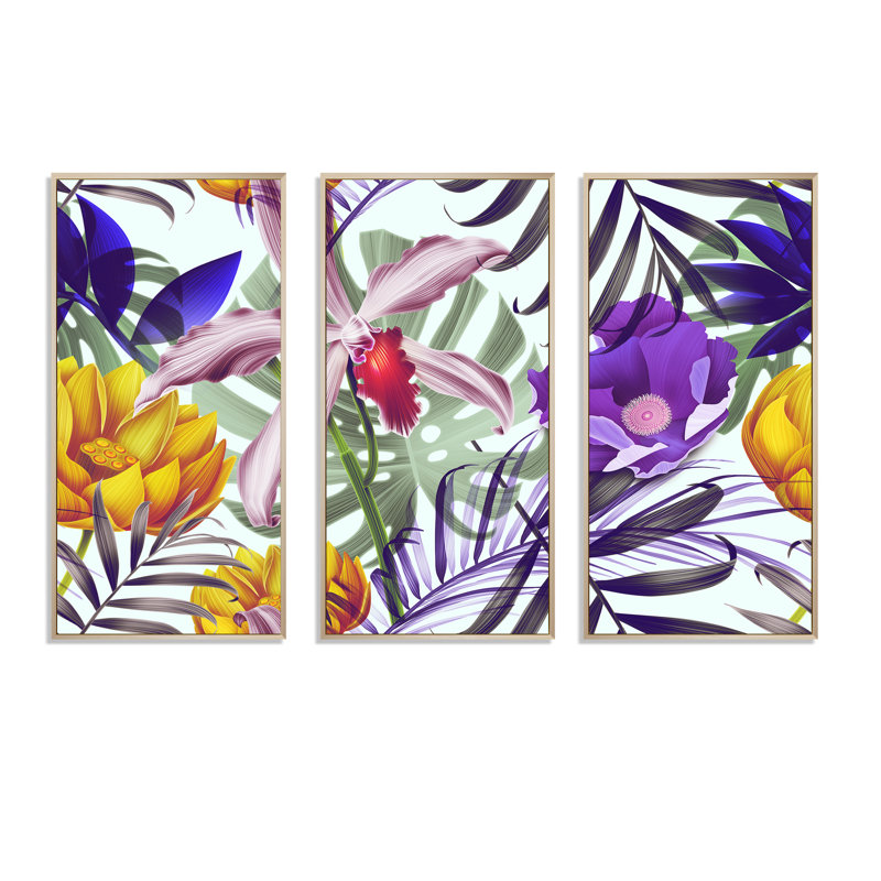Fleurs tropicales rétro, ensemble de 3 toiles encadrées traditionnelles, Brun, H 32 po x l 48 po x P 1 po